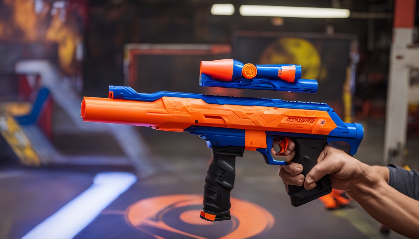 A Nerf blaster firing its foam dart straight through a target bullseye.