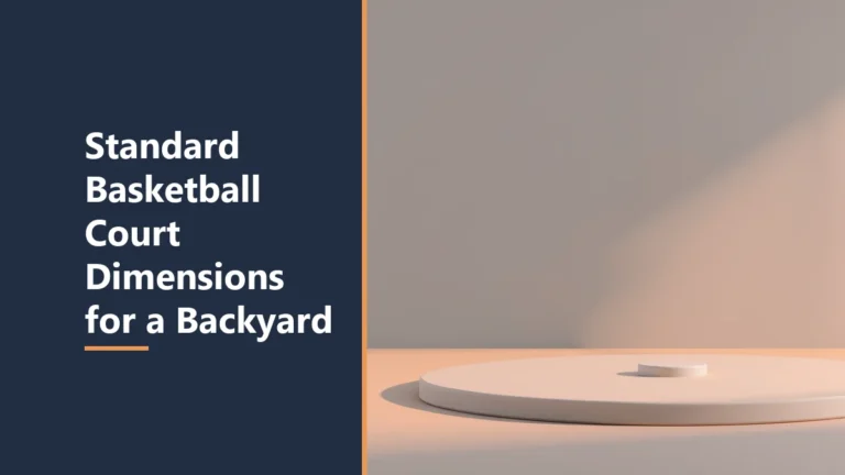 Featured image with the headline Standard Basketball Court Dimensions for a Backyard, beside a smooth round pale platform with a small round pad at its center