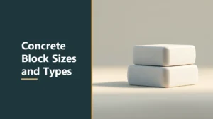 Featured image with the headline Concrete Block Sizes and Types, beside two plain pale rounded blocks stacked on a smooth surface in warm light