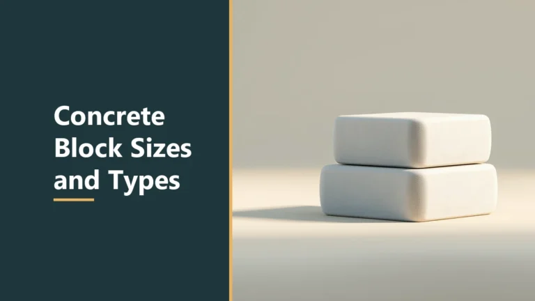 Featured image with the headline Concrete Block Sizes and Types, beside two plain pale rounded blocks stacked on a smooth surface in warm light