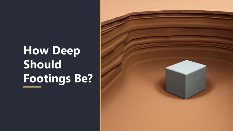 Featured image with the headline How Deep Should Footings Be, beside a pale grey block at the bottom of a deep trench with layered brown earth walls