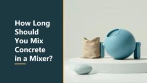 Featured image with the headline How Long Should You Mix Concrete in a Mixer, beside a smooth blue round mixer drum on a pale platform next to a plain tan sack