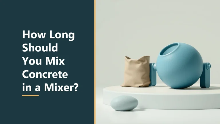 Featured image with the headline How Long Should You Mix Concrete in a Mixer, beside a smooth blue round mixer drum on a pale platform next to a plain tan sack