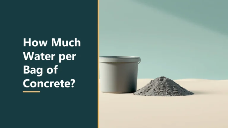 Featured image with the headline How Much Water per Bag of Concrete, beside a plain grey bucket next to a small mound of grey concrete mix