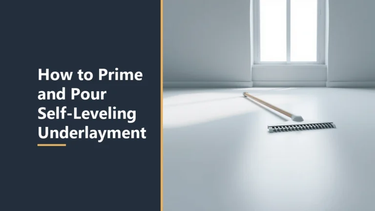 Featured image with the headline How to Prime and Pour Self-Leveling Underlayment, beside a smooth pale grey floor with a long-handled flat rake lying on it