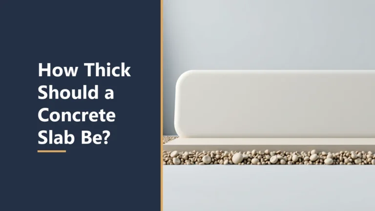 Featured image with the headline How Thick Should a Concrete Slab Be, beside a pale rounded slab resting on a board over a layer of gravel, next to a wooden plank