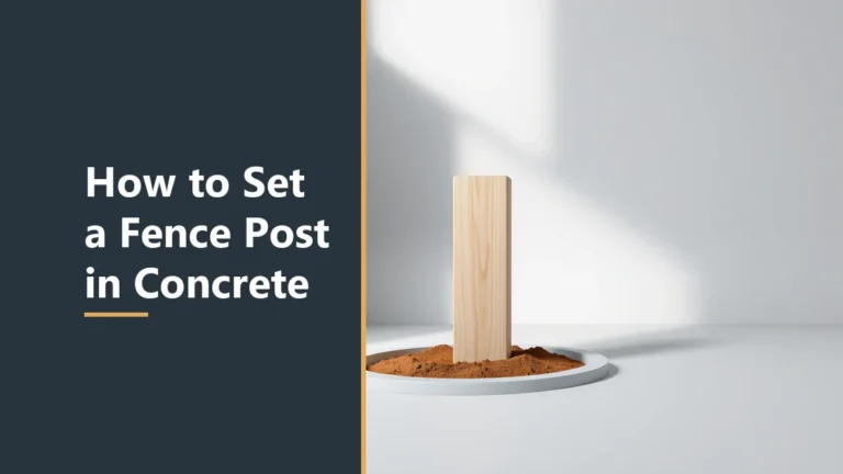 Featured image with the headline How to Set a Fence Post in Concrete, beside a plain wooden post standing in a shallow round dish of soil