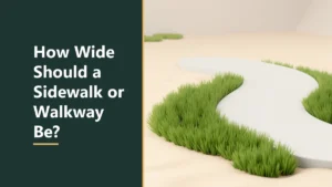 Featured image with the headline How Wide Should a Sidewalk or Walkway Be, beside a curving pale path with patches of green grass on a sand-coloured surface