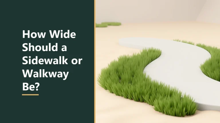 Featured image with the headline How Wide Should a Sidewalk or Walkway Be, beside a curving pale path with patches of green grass on a sand-coloured surface