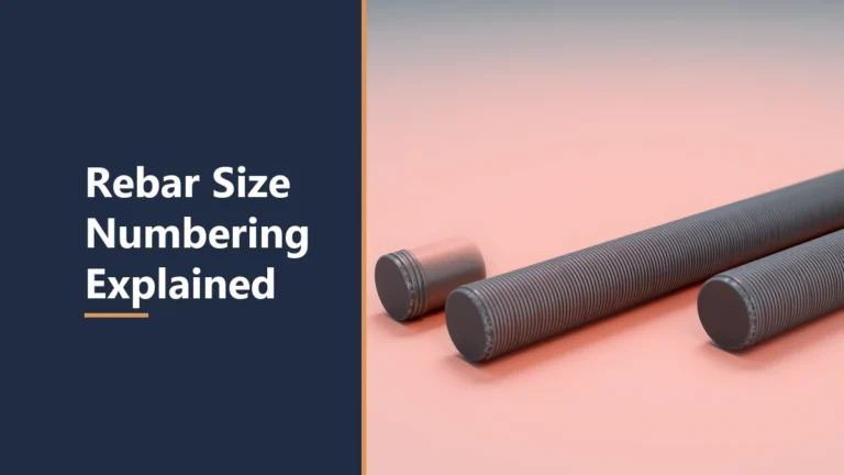 Featured image with the headline Rebar Size Numbering Explained, beside two long ribbed dark grey steel rods and a short stub on a smooth pink-beige surface