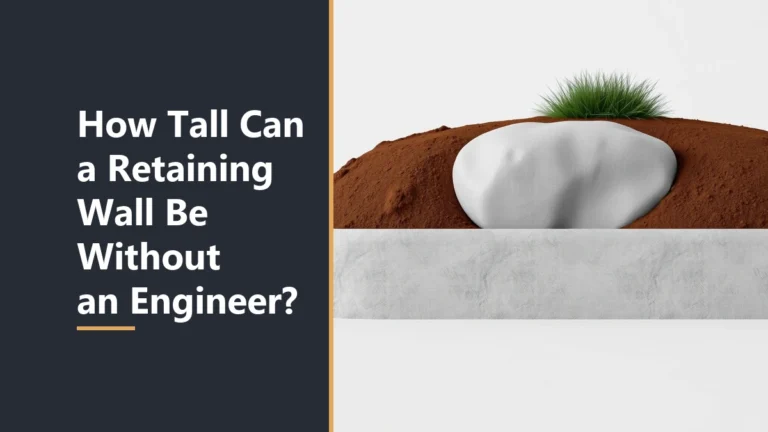 Featured image with the headline How Tall Can a Retaining Wall Be Without an Engineer, beside a low pale concrete wall holding a mound of reddish soil with a tuft of grass