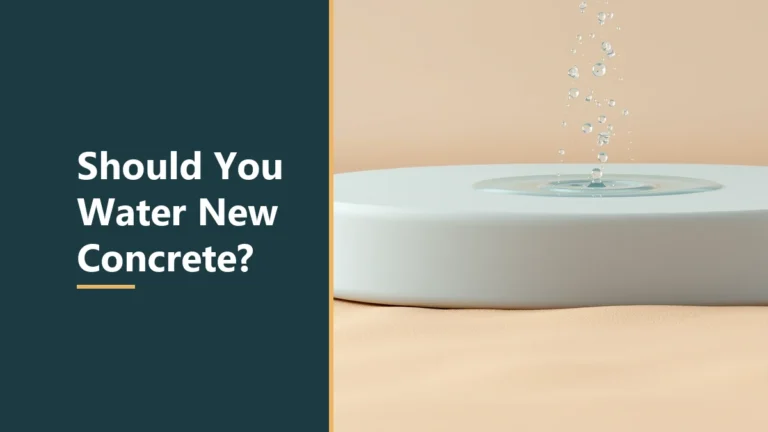 Featured image with the headline Should You Water New Concrete, beside a pale rounded slab with water droplets falling onto its top