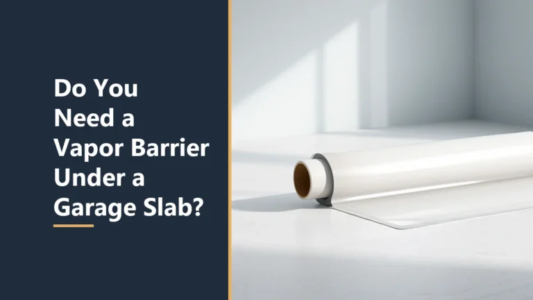 Featured image with the headline Do You Need a Vapor Barrier Under a Garage Slab, beside a roll of clear sheeting on a smooth pale floor in soft window light