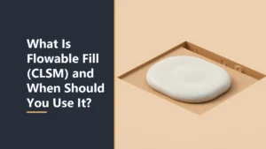 Featured image with the headline What Is Flowable Fill and When Should You Use It, beside a smooth pale creamy puddle of fill settled in a square recess in sand-colored ground