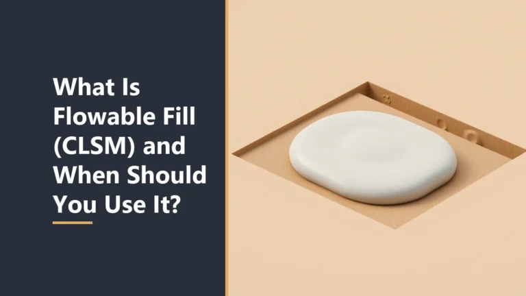 Featured image with the headline What Is Flowable Fill and When Should You Use It, beside a smooth pale creamy puddle of fill settled in a square recess in sand-colored ground