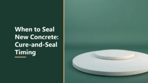 Featured image with the headline When to Seal New Concrete, beside two stacked smooth pale round concrete slabs on a green surface