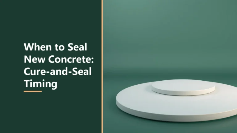 Featured image with the headline When to Seal New Concrete, beside two stacked smooth pale round concrete slabs on a green surface